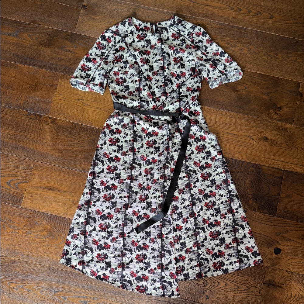 Topshop Black and White Floral Midi Dress with Red Accents